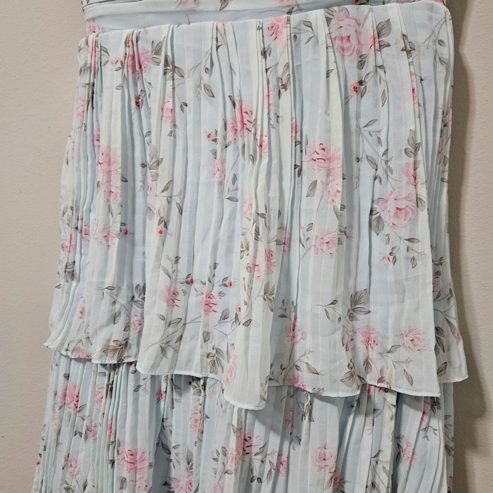 Lulus Light Blue Floral Tiered Lace Up Back Strapless Maxi Dress Gown - Picture 4 of 10